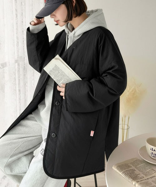 Euro Vintage 中綿入りノーカラーアルパカジャケット JaVaジャバコラボ》1枚で今っぽい抜け感アウター。ノーカラーサイド