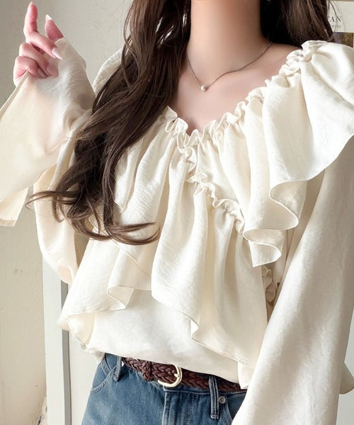 ミリー　ホワイトカシュクールお袖ふんわりブラウスMi♡ mily bilet】大人の甘さがちょうどいい♪オフショル2wayキャンディー