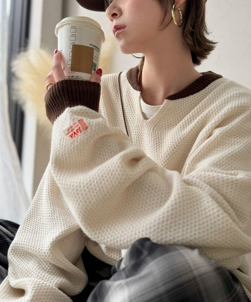JaVaジャバコラボ》ざっくり×配色が旬顔。配色スキッパーオーバー