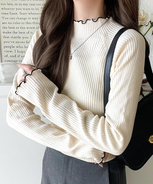 華奢見え叶える程よいフィット感。配色メロウリブニットトップス（長袖