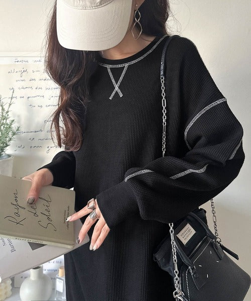 JaVaジャバコラボ》後姿が可愛い◎配色ステッチワッフルロング