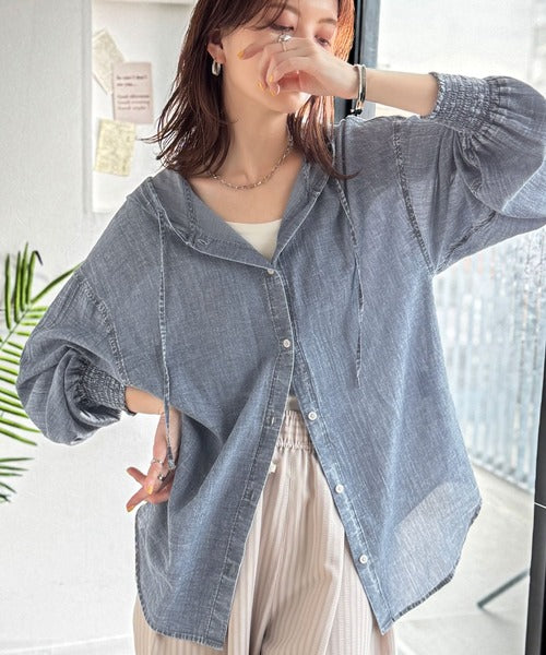 CHANEL シャネル OLD オールド シルバーボタン リネンギャザー加工 シアー長袖シャツ ネイビー P06314V03191 貴島明日香さん着用／イージーケア／接触冷感】麻混スタンドギャザー