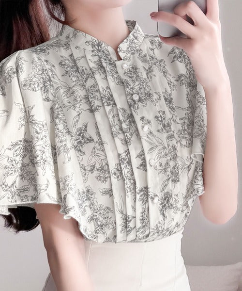 mily bilet】上品で大人かわいい。花柄ピンタックフレア袖ブラウス