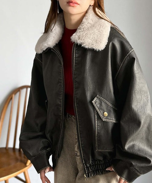 クラシカルエルフ冬新作 mily bilet レザージャケットレディース ジャケット レディース アウター ファー 襟 取り外し 可能 ヴィンテージ ライク ダメージ フェイクレザー ブルゾン 長袖 大きいサイズ 2025aw  mi1329049 mily bilet】ファー襟取り外し可能◎ヴィンテージライクダメージ