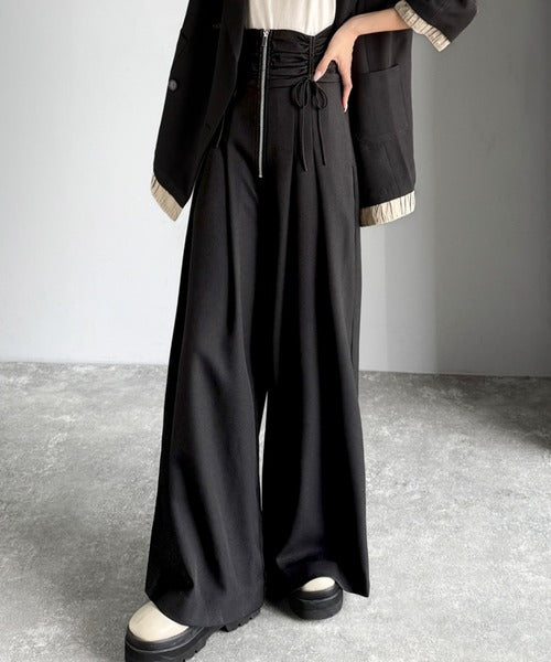 りーめい　MOパンツ　黒1 mily bilet】コルセット風で“キュッ”と細見え。ウエストシャーリング