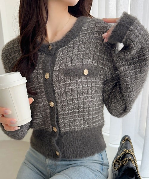 mily bilet】ツィードライクフェザー切り替えラメニットジャケット