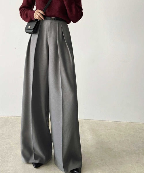 さらっと美脚。細見え2インタックハイウエストワイドスラックスパンツ