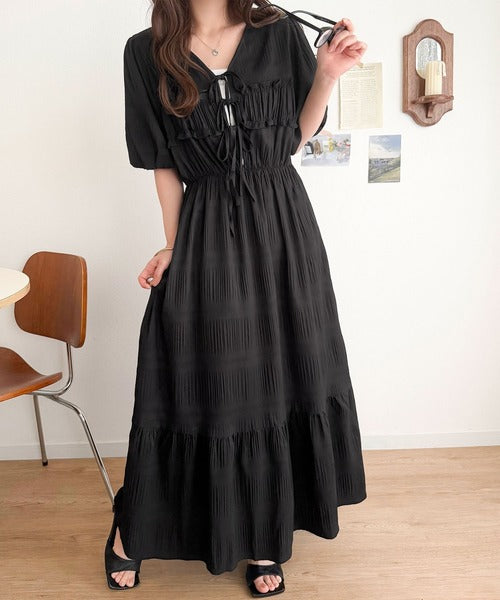 mily bilet】1枚で華やぐ♪揺れ感シアーフリルリボンプリーツロング