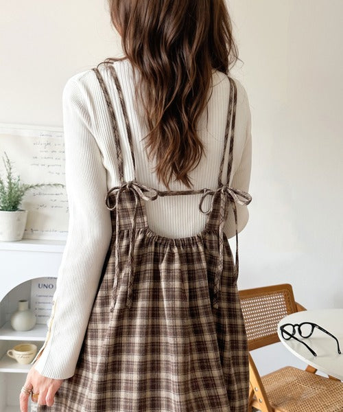 微起毛素材で秋冬にぴったり♪チェック柄ダブルストラップバックリボン