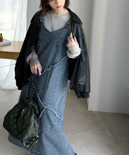 綿100％☆大人カジュアルを極める!Vネックフリンジ切り替えデニム