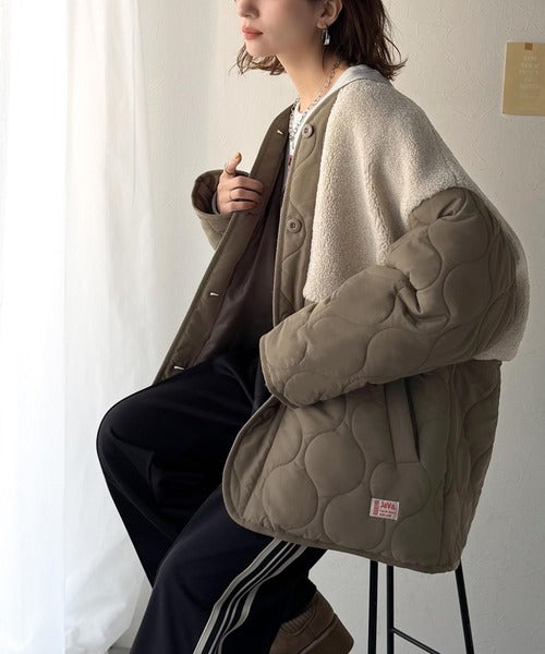 JaVaジャバコラボ》軽くて暖かい、旬顔ボア切替♪ノーカラーひょうたん