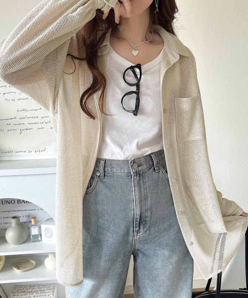 風が透き通る」。比翼デザイン胸ポケットスラブメッシュシャツ