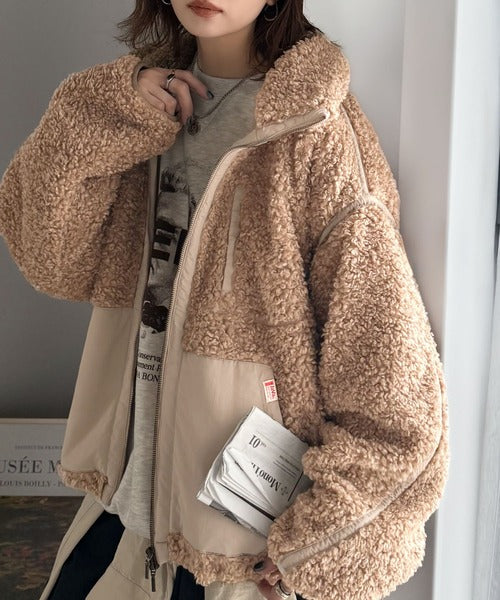 JaVaジャバコラボ》ぬくぬく愛らしい◎プードルボア×ナイロン異素材