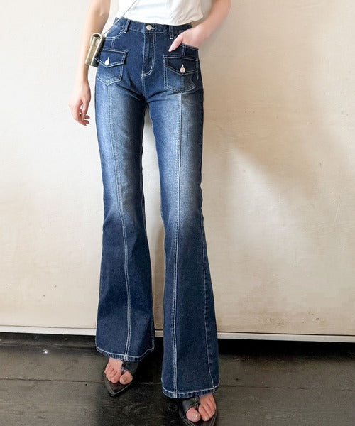 mily bilet】脚、盛れすぎ注意！ポケットデザインストレッチフレア