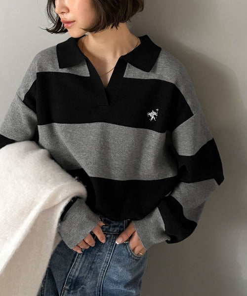 コラム ESTNATION リブジャージ スキッパーニット 半袖 切替 F 黒 スビンプラチナム スキッパーニット ネイビー | ＋CLOTHET ONLINE