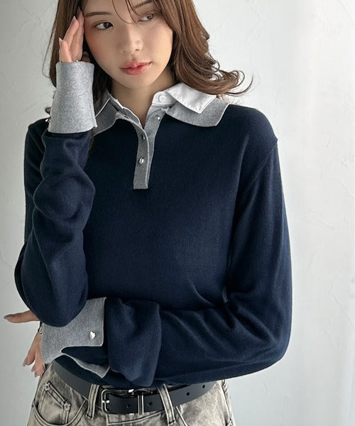 mily bilet】重ね着風で上品見え◎レイヤード風シャツダブル襟使い