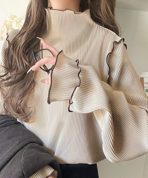 袖のニュアンスで魅せる♪前後2way袖フリル配色メロウプリーツトップス