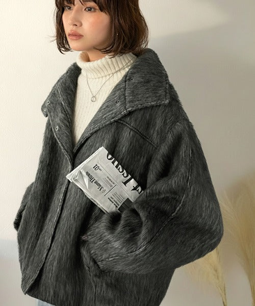 暖かさとおしゃれを両立♪ミックスシャギースタンドカラー比翼ミドル