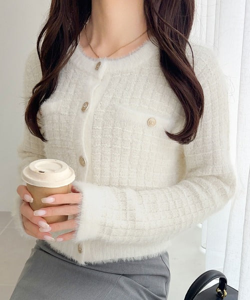 美品☆ルネ　パールスライダーツィードニットジャケット　ビジュー　ラメ　34 mily bilet】ツィードライクフェザー切り替えラメニットジャケット