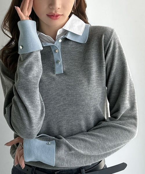 mily bilet】重ね着風で上品見え◎レイヤード風シャツダブル襟使い