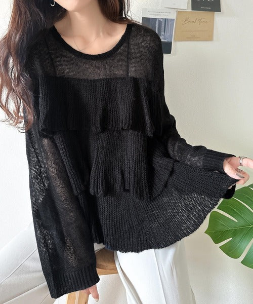 ふんわり大人フェミニン♪ティアードフリルモヘアタッチメッシュ編み