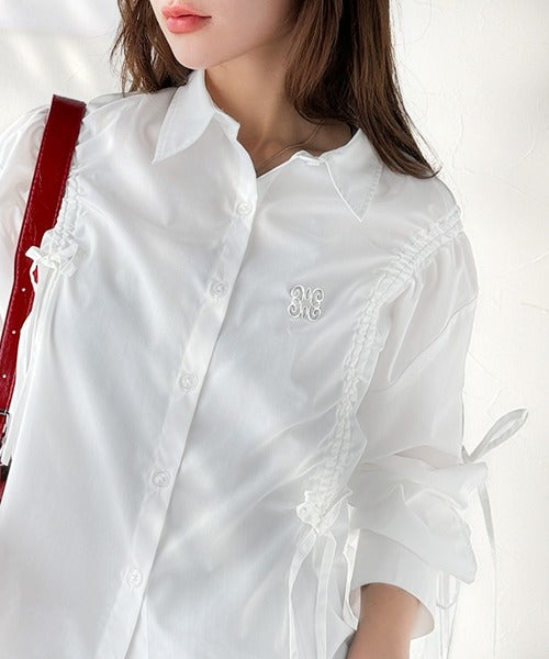 【あっちゃん】colette malouf　シルクリボン&ウィム白シャツ mily bilet】大人カジュアルに高級感をプラス。ロゴブローチ付き