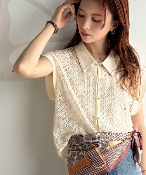 品の良さ漂う、大人カジュアル。クロシェ風レース素材衿付きフレンチ