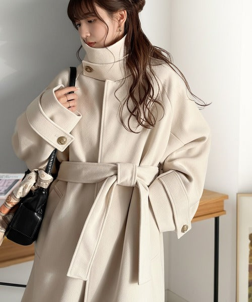 360度上品魅せ。衿2way比翼スタンドウール調ステンカラーコート