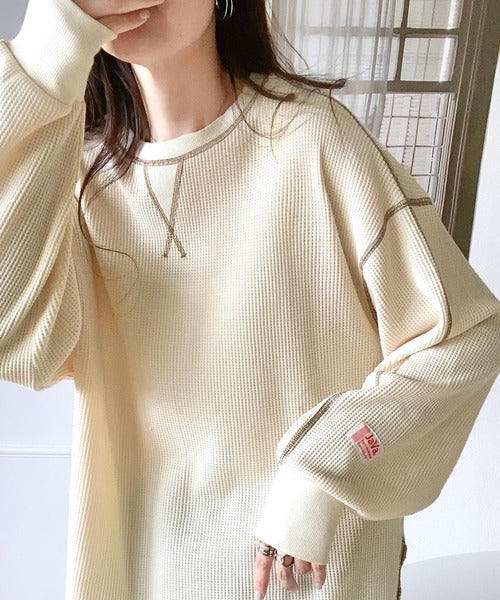 JaVaジャバ 別注》シンプルなのに格上げ。2way配色ワッフルロンTee
