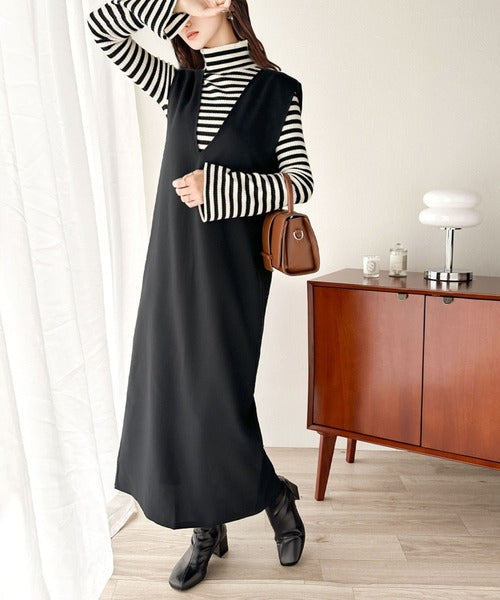 大人のリラクシーStyle。Vネックリネンライクマキシ丈ジャンパー