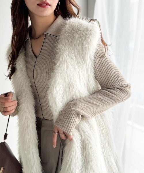 ★美品★LANVIN COLLECTION★シャギー ファー ベスト★アルパカ★ 高級感をレイヤード。ふわふわミックスシャギーファーベスト ce1010457