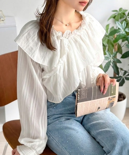 Chloé ホワイトストライプ 長袖ブラウス 主役トップス確定！大人ガーリー前後2wayシアーストライプラッフル襟