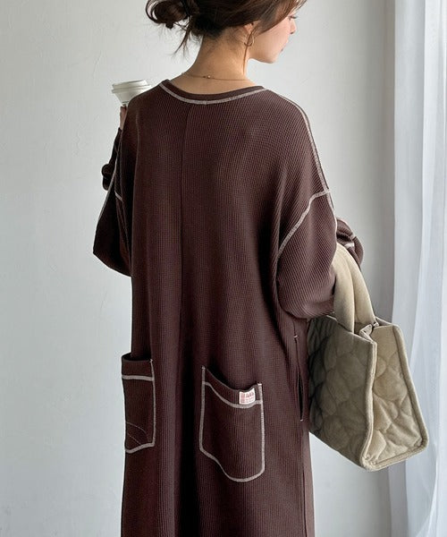 JaVaジャバコラボ》後姿が可愛い◎配色ステッチワッフルロング