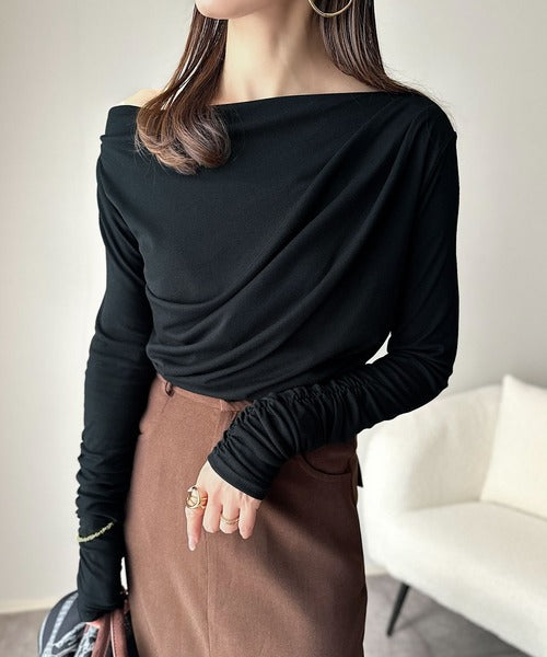 華奢見え洗練ドレープ♪アシメドレープオフショルフライスプルオーバー
