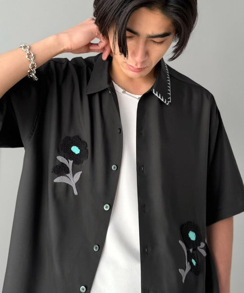 接触冷感機能付き】サガラ刺繍フラワーステッチシャツ／Cool-Touch