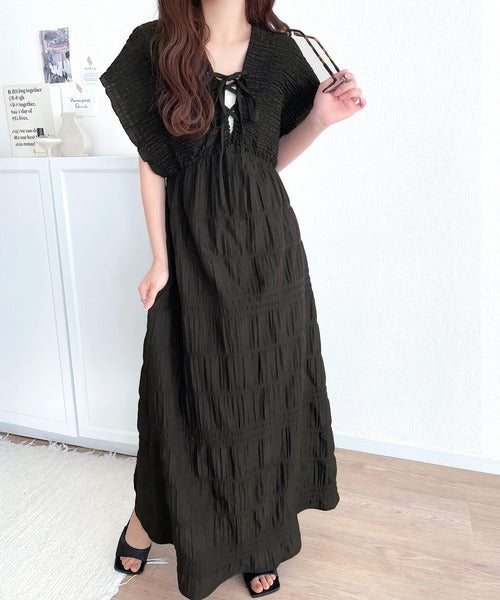 mily bilet】高級感漂う微光沢素材。マジョリカプリーツギャザー使い