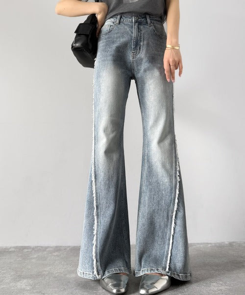 mily bilet】とにかく美脚！サイドフリンジ使いヴィンテージ風デニム