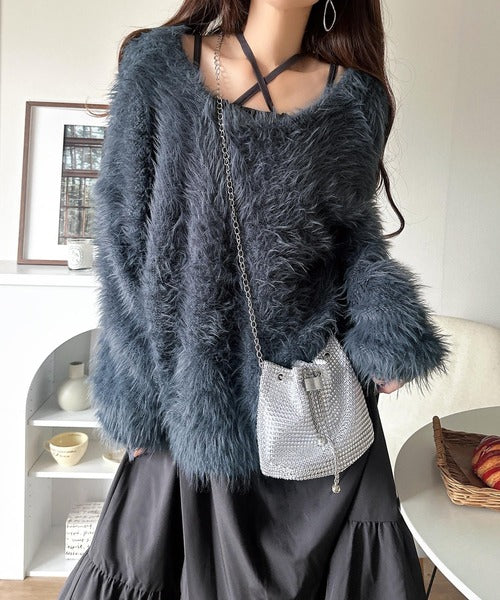 二度見の華やかさ。シャギーニット×ティアードキャミワンピースセット