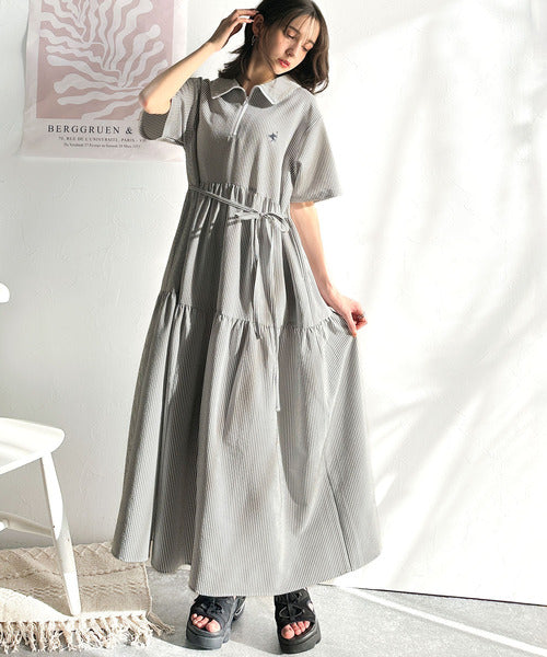 トレンドのティアード♪胸刺繍サッカーハーフZIPワンピース（ロング