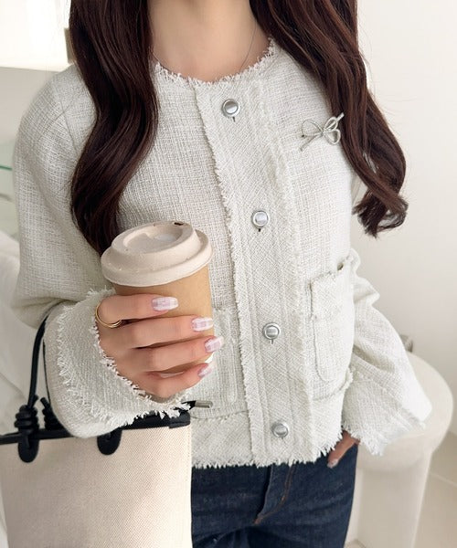 きらめく魔法に甘さを添えて♪リボンブローチ使い長袖ラメ入りツイード