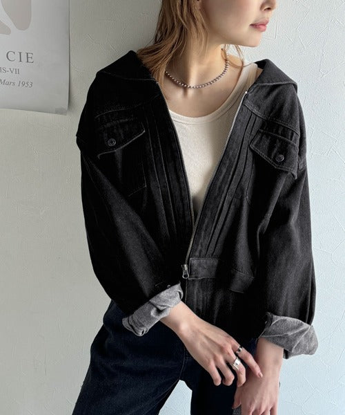 1枚で旬顔コーデ♪綿100％セーラーカラージップアップデニムジャケット