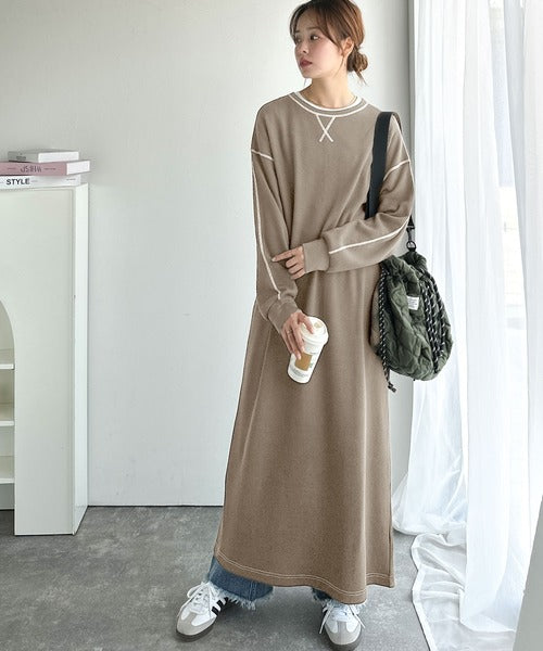 JaVaジャバコラボ》後姿が可愛い◎配色ステッチワッフルロング