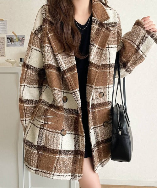 mily bilet】冬のコーデを引き立てる。起毛ブークレチェック柄コクーン