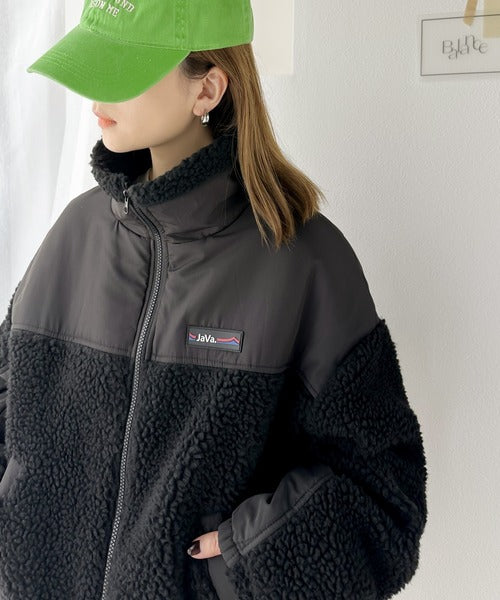 Javaジャバコラボ》異素材の組み合わせがお洒落見え。切替ボアブルゾン