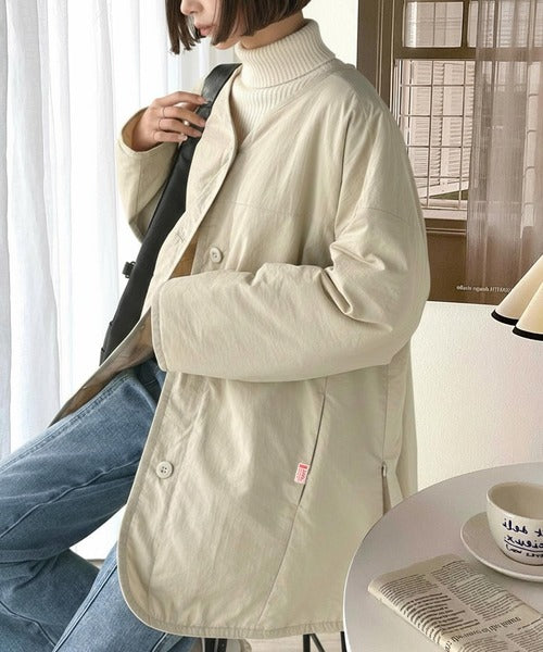 Euro Vintage 中綿入りノーカラーアルパカジャケット JaVaジャバコラボ》1枚で今っぽい抜け感アウター。ノーカラーサイド