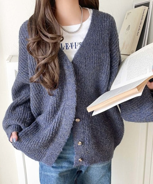 大人上品なニュアンスを演出◎比翼Vネックミックスニットカーディガン