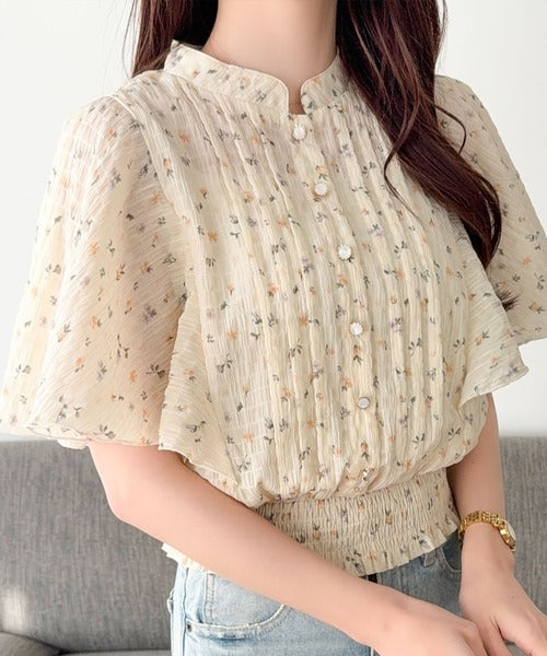 mily bilet】上品で大人かわいい。花柄ピンタックフレア袖ブラウス