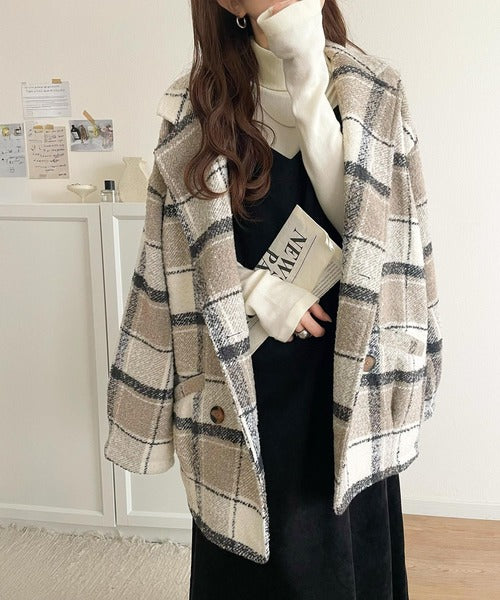 mily bilet】冬のコーデを引き立てる。起毛ブークレチェック柄コクーン