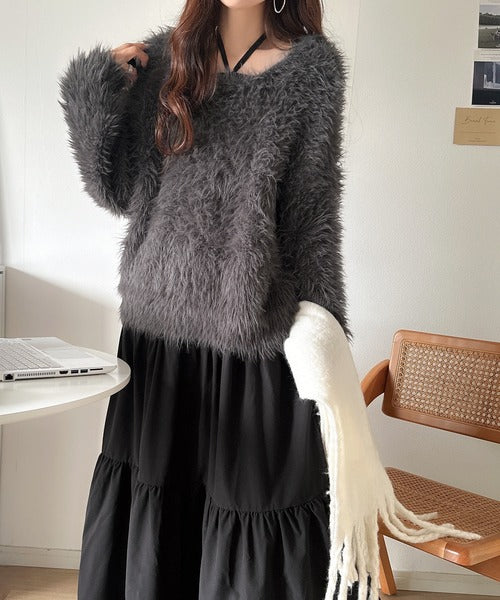 二度見の華やかさ。シャギーニット×ティアードキャミワンピースセット