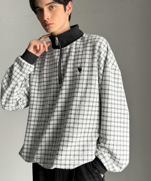 JOURDEN  ジョルダン ハーフジップツイードペーパーシャツ 38 Classical Origin】「上品カジュアル」。裾ドロスト付きツイード素材